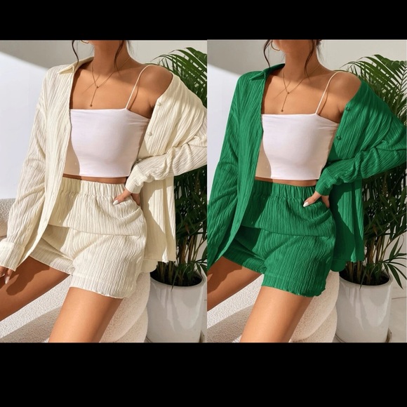 Green / cream / black 2 piece matching set Long sleeve Button Shirt & Shorts - Picture 2 of 12